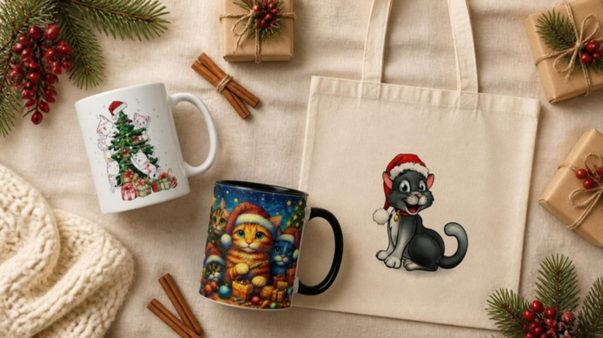 Christmas gifts for cat lovers: cat mugs and a Christmas cats tote bag flat lay
