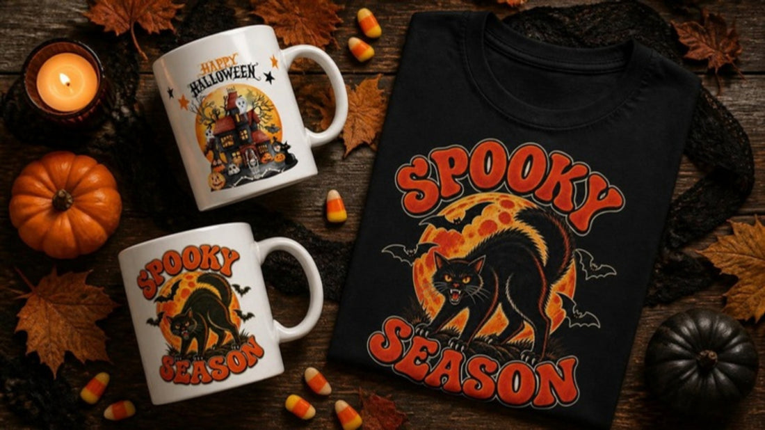 Halloween gifts: Halloween mugs and a black cat Halloween shirt flat lay