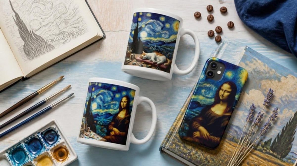 Van Gogh mugs and gifts for art lovers: Starry Night mugs and Mona Lisa phone case flat lay