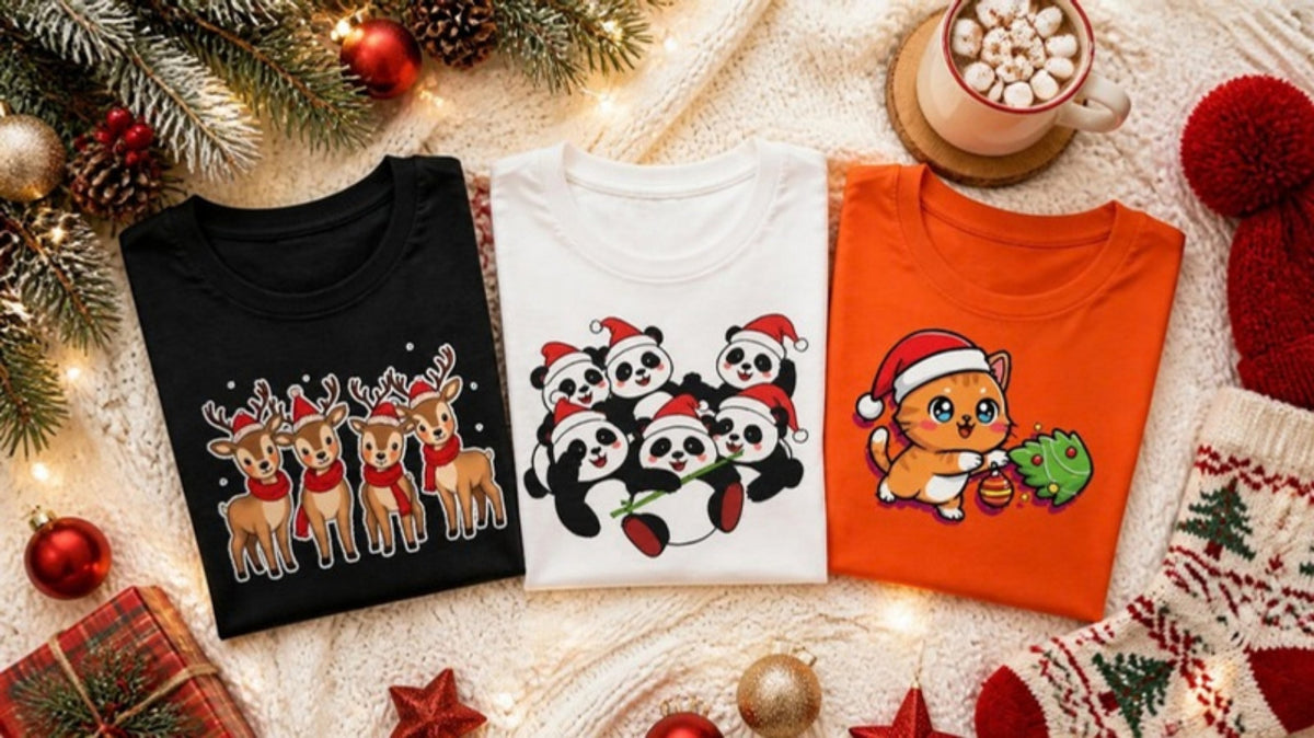 Matching family Christmas shirts: reindeer, panda and Meowy Christmas tees flat lay