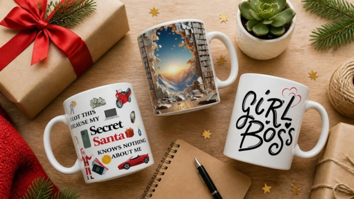 Secret Santa gifts under $20: funny office mugs flat lay
