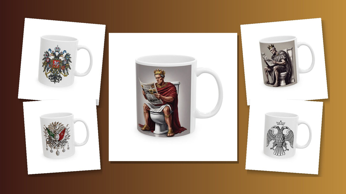 History lover empire emblem and Caesar mugs collage