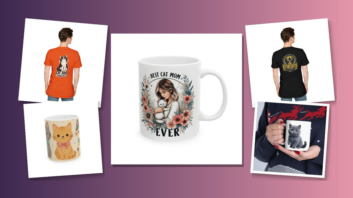 Cat mom and cat dad gift shirts and mugs collage