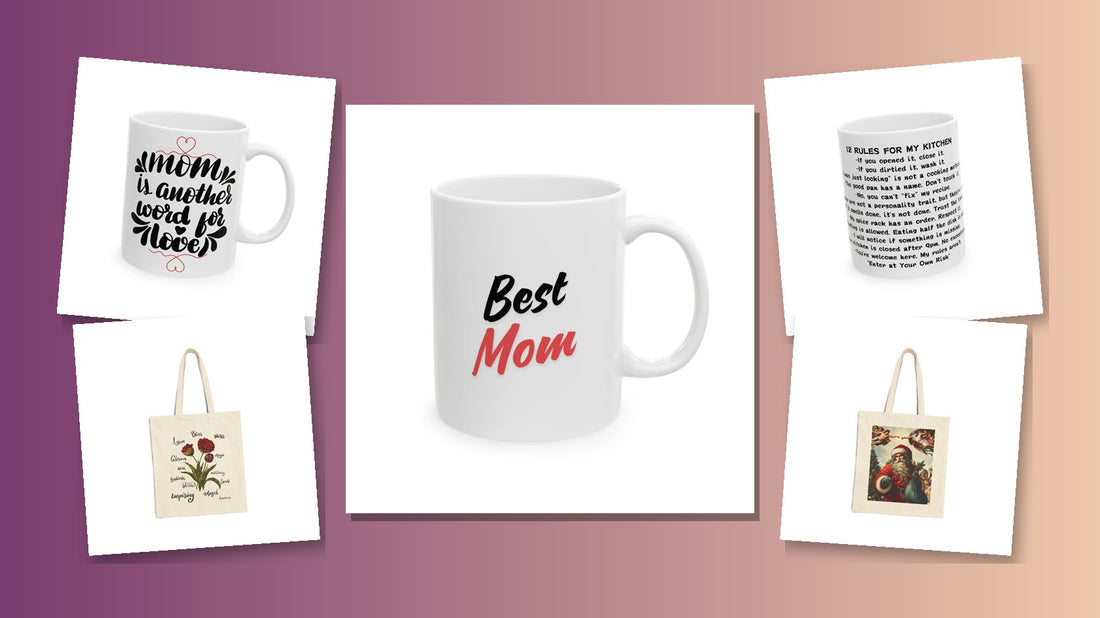 Christmas gifts for mom mugs and tote bags collage