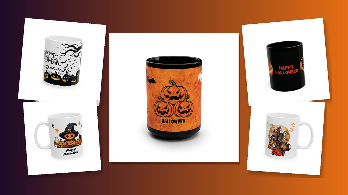 Cute Halloween pumpkin and ghost mugs collage