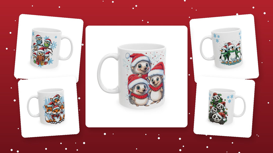 Cute Christmas mugs: owl, fox, penguin, panda and hedgehog Christmas mugs