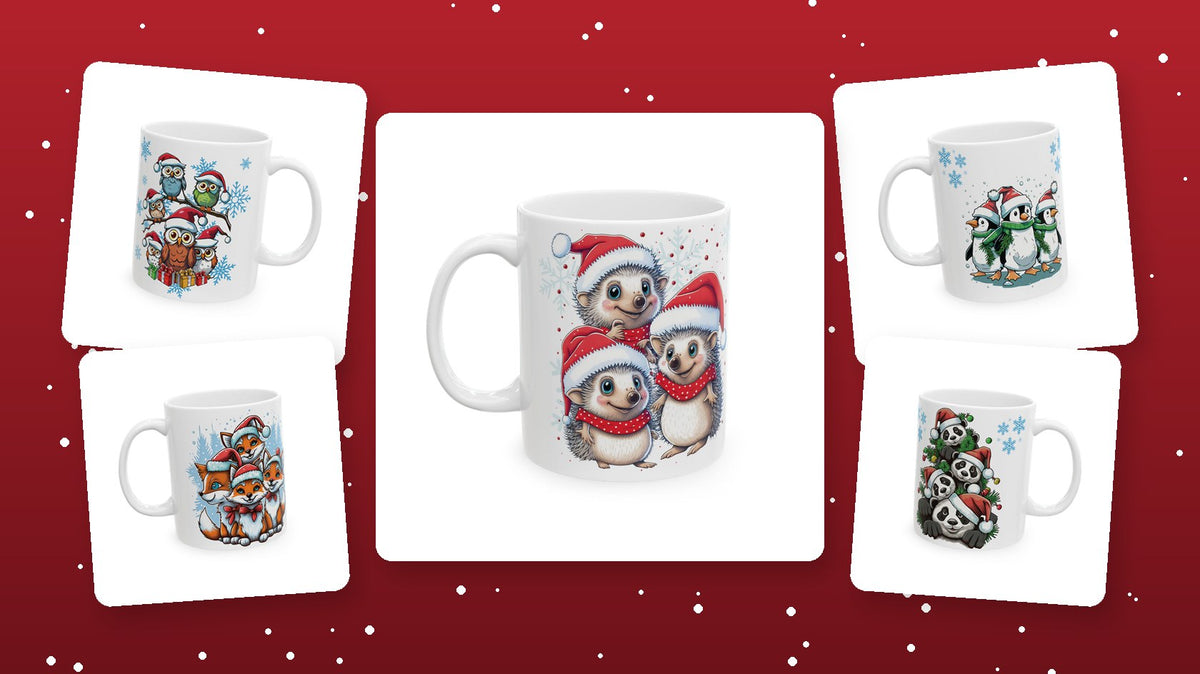 Cute Christmas mugs: owl, fox, penguin, panda and hedgehog Christmas mugs