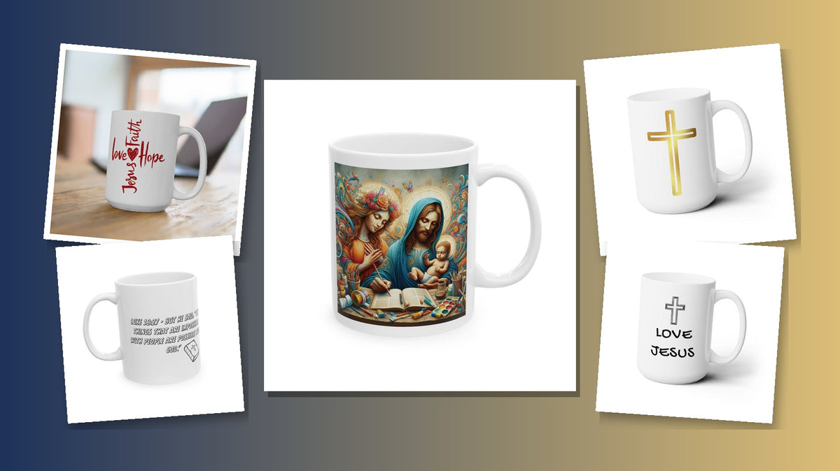 Christian faith mugs with cross and Bible verse collage