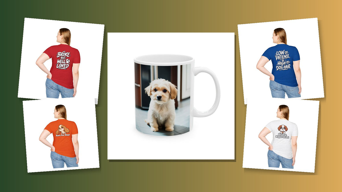 Dog mom and dog dad gift shirts and mugs collage