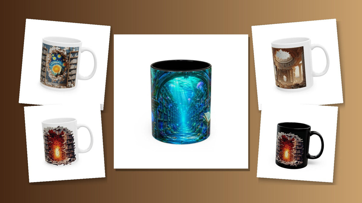 3D bookshelf mugs for book lovers collage