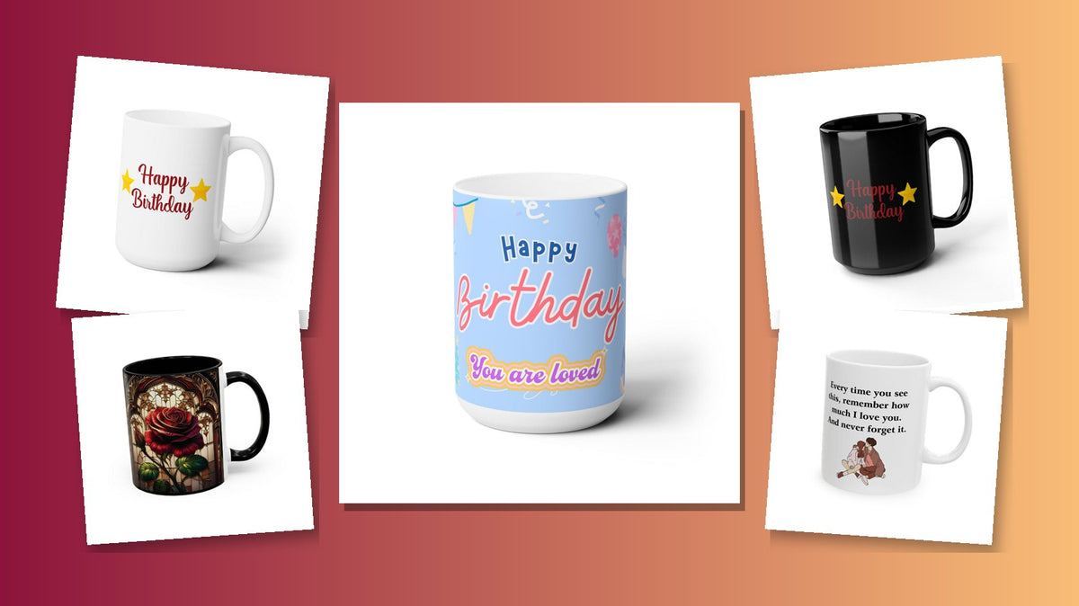 Happy Birthday and love mugs for wife and husband collage