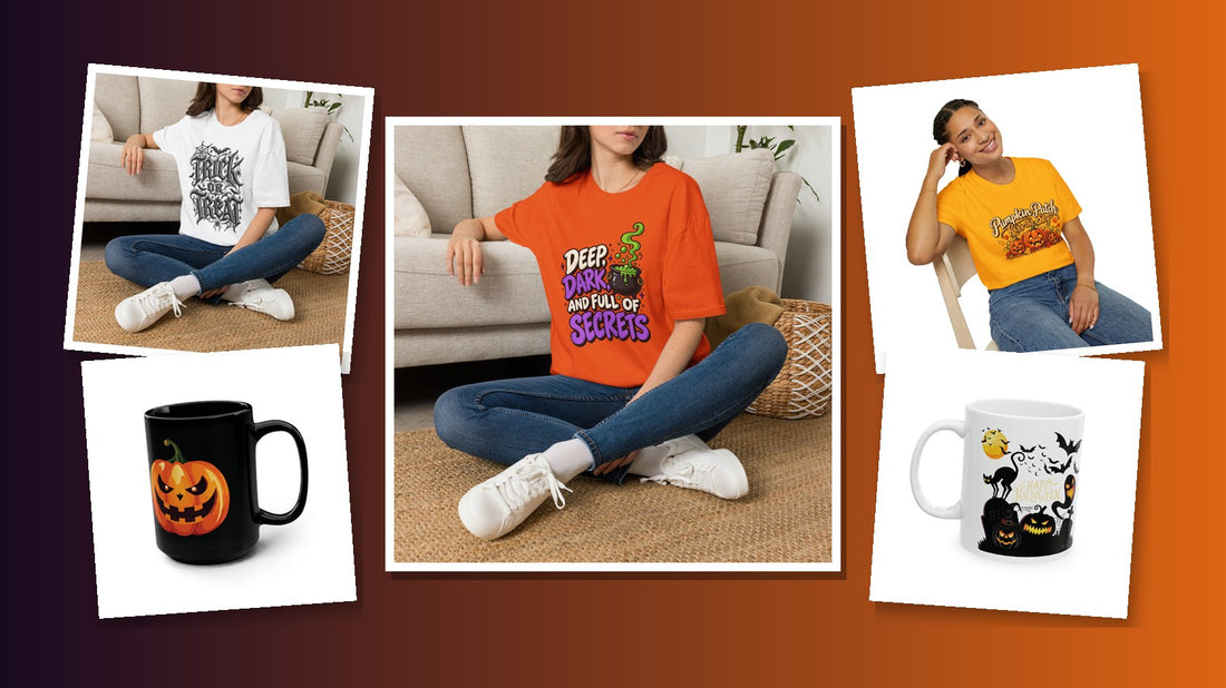 Halloween shirts and mugs collage
