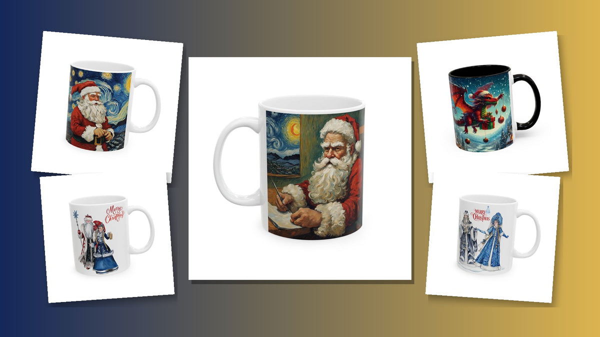 Unique Christmas mugs Van Gogh Santa Snow Maiden dragon collage