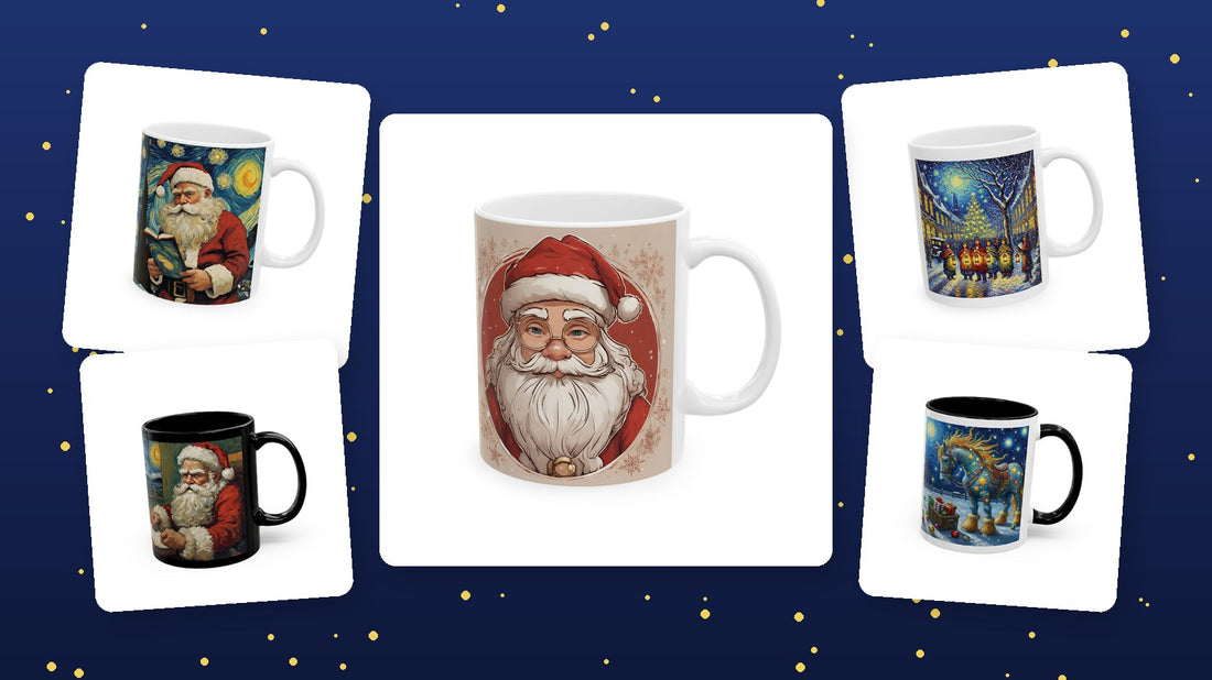 Christmas art mugs: Santa Claus in Van Gogh, Da Vinci and Picasso style