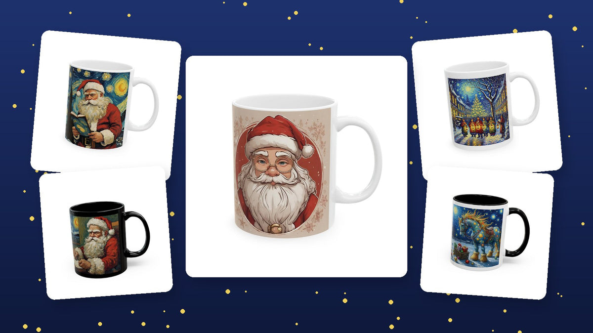 Christmas art mugs: Santa Claus in Van Gogh, Da Vinci and Picasso style