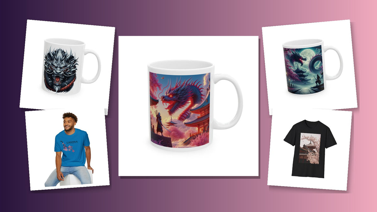 Japanese dragon samurai mugs and sakura shirts collage