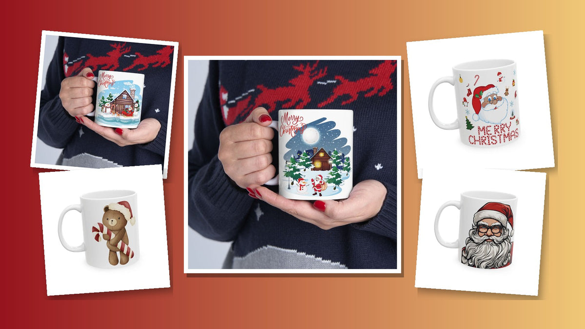 Santa and snowman Christmas mugs stocking stuffers collage