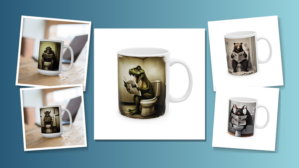 Funny animals sitting on toilet reading newspaper mugs collage