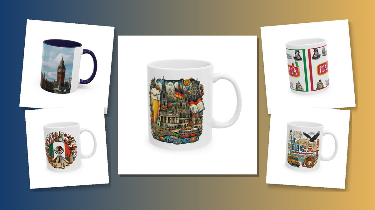 Country and city travel coffee mugs collage