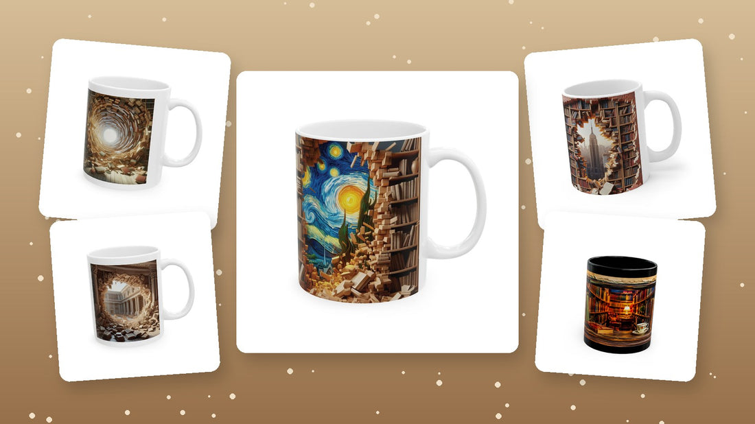Gifts for book lovers: 3D bookshelf library mugs