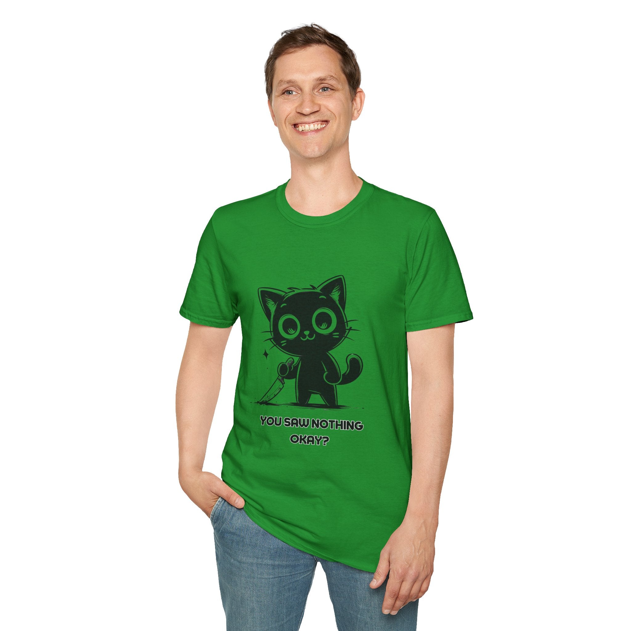 Women's and Men's Funny Cat T-shirt you saw nothing cat with bloody knife Halloween tee Soft Unisex Tshirt Gift for Her