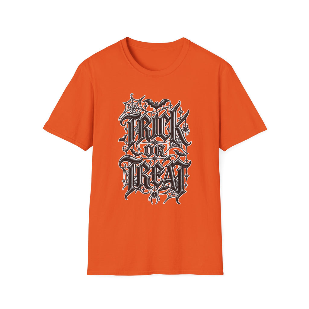 Funny Trick or Treat Gothic Blackletter Shirt | Edgy Spider Web Typography Tee | Minimalist Halloween T-Shirt