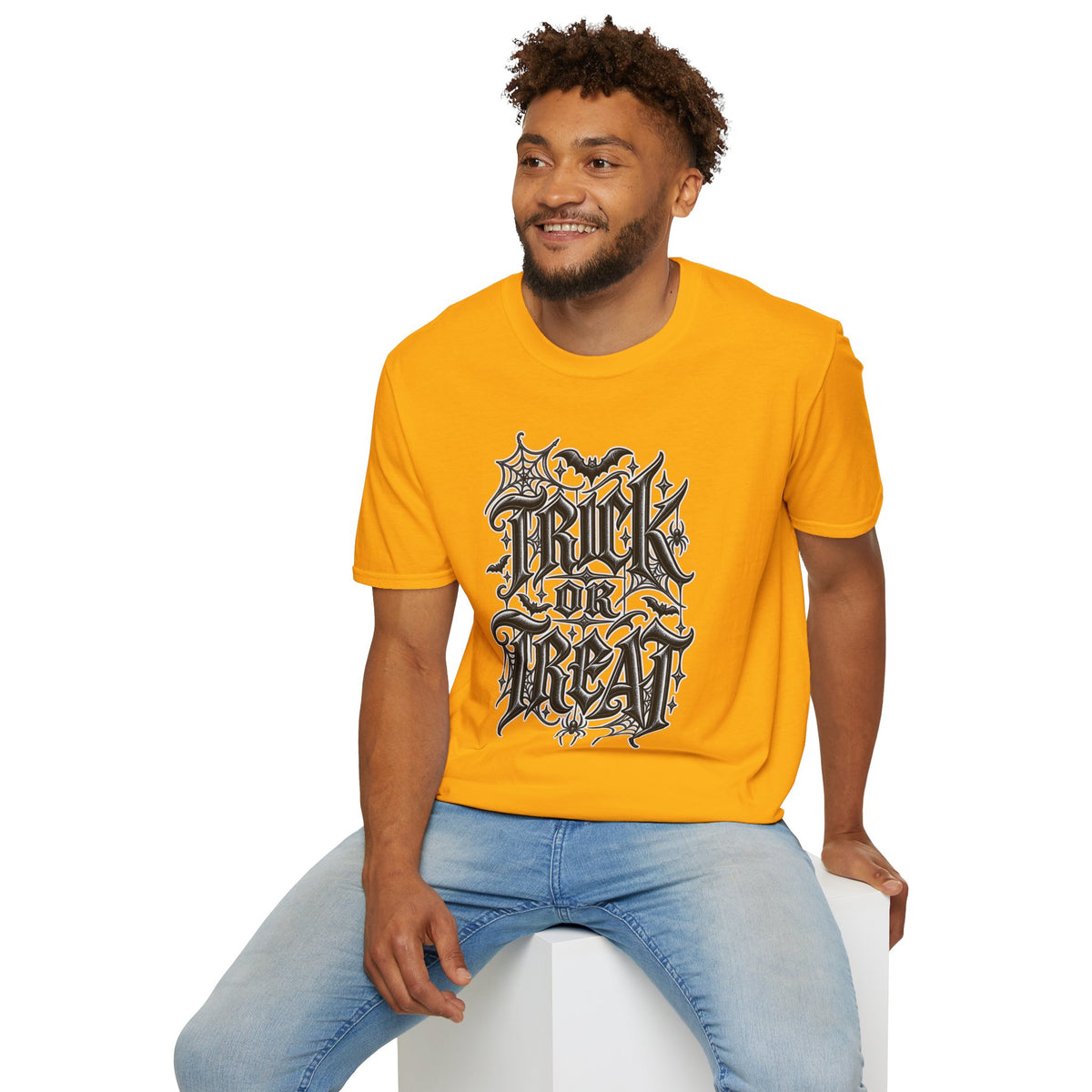 Funny Trick or Treat Gothic Blackletter Shirt | Edgy Spider Web Typography Tee | Minimalist Halloween T-Shirt