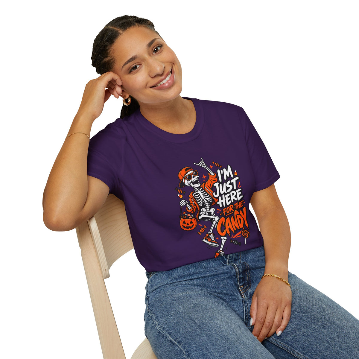 I'm Just Here for the Candy Shirt | Funny Dancing Skeleton Halloween Tee | Dark Humor Graphic T-Shirt
