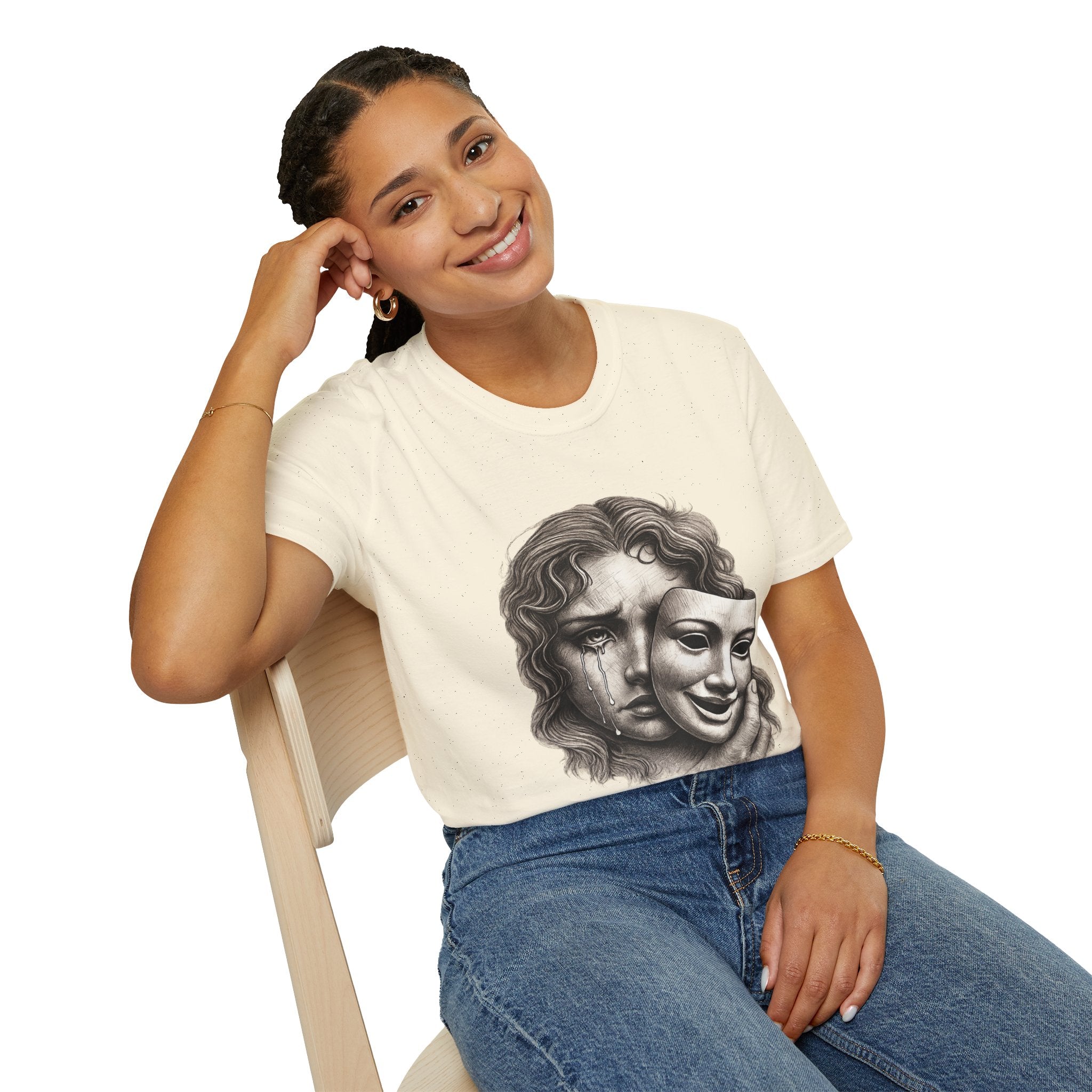 Crying Woman Mask Art T-Shirt | Hidden Emotions Sketch Graphic Tee Unisex Unisex Softstyle T-Shirt