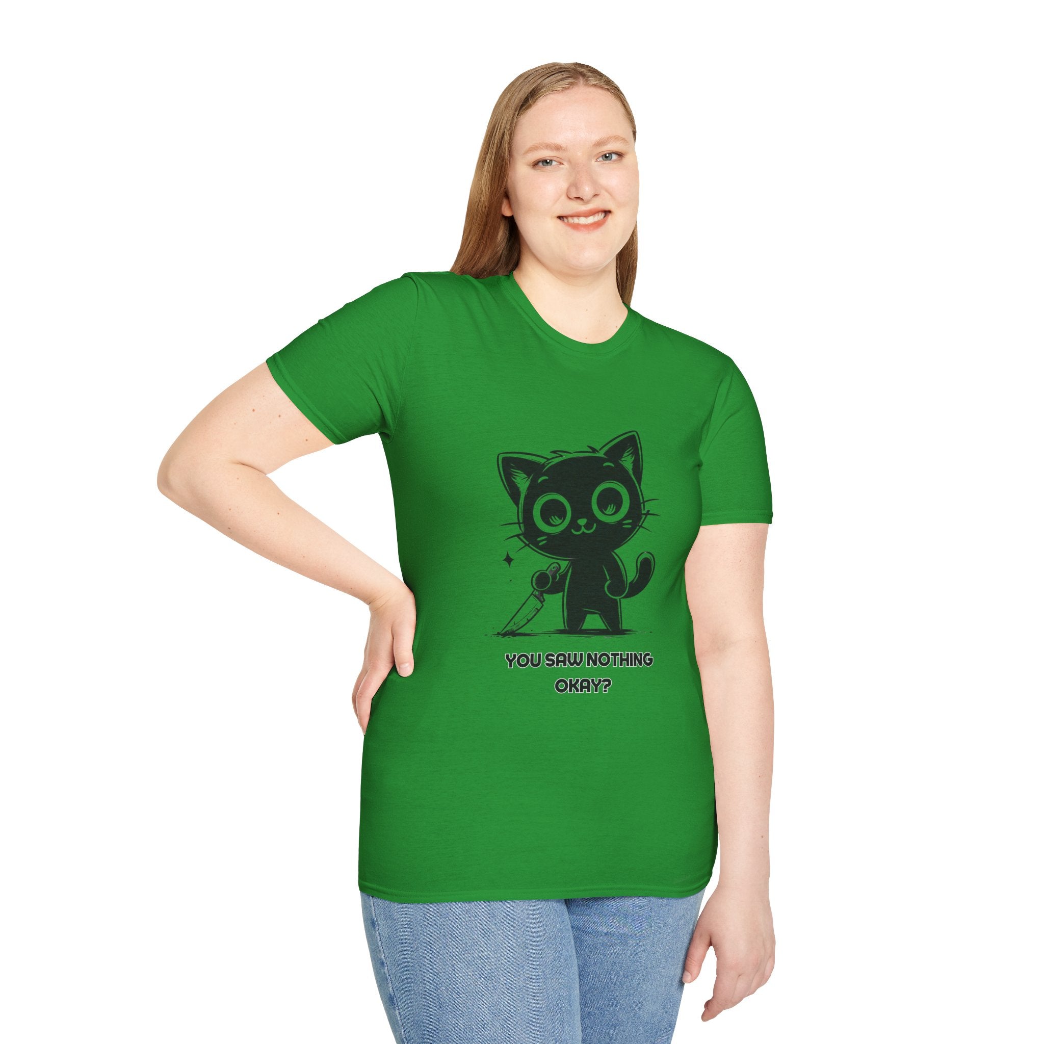 Women's and Men's Funny Cat T-shirt you saw nothing cat with bloody knife Halloween tee Soft Unisex Tshirt Gift for Her