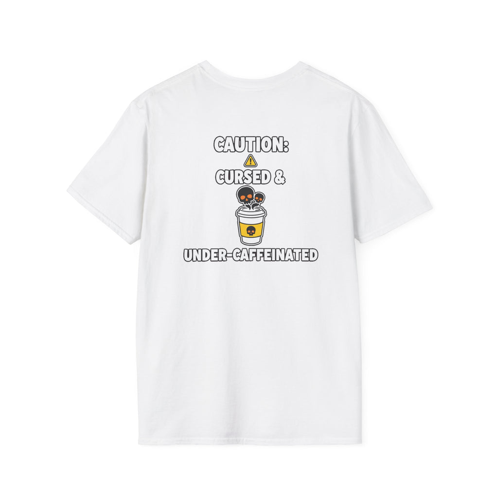 Dark Humor Halloween Shirt Caution Cursed And Under Caffeinated Funny Coffee Sarcastic Unisex Softstyle Tee Adult Halloween Gift