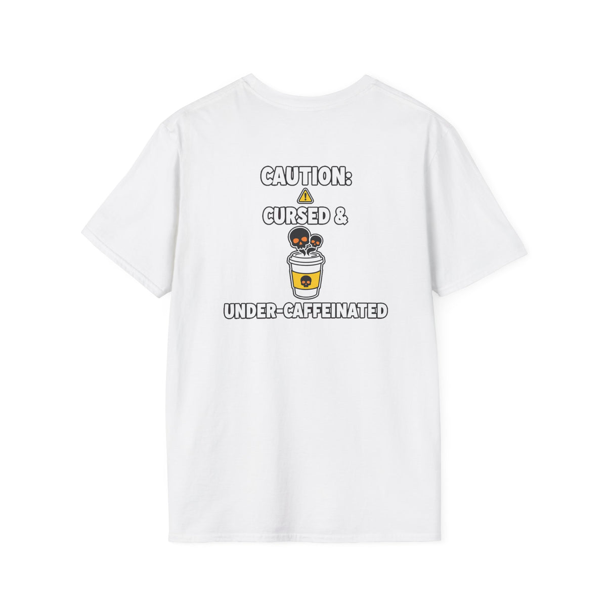 Dark Humor Halloween Shirt Caution Cursed And Under Caffeinated Funny Coffee Sarcastic Unisex Softstyle Tee Adult Halloween Gift