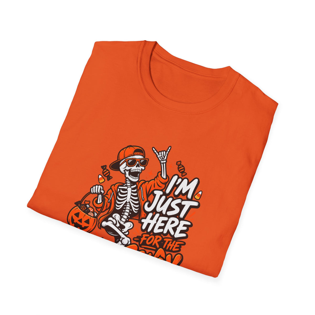 I'm Just Here for the Candy Shirt | Funny Dancing Skeleton Halloween Tee | Dark Humor Graphic T-Shirt