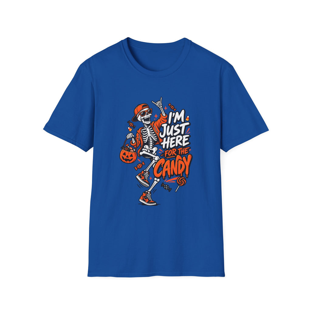 I'm Just Here for the Candy Shirt | Funny Dancing Skeleton Halloween Tee | Dark Humor Graphic T-Shirt