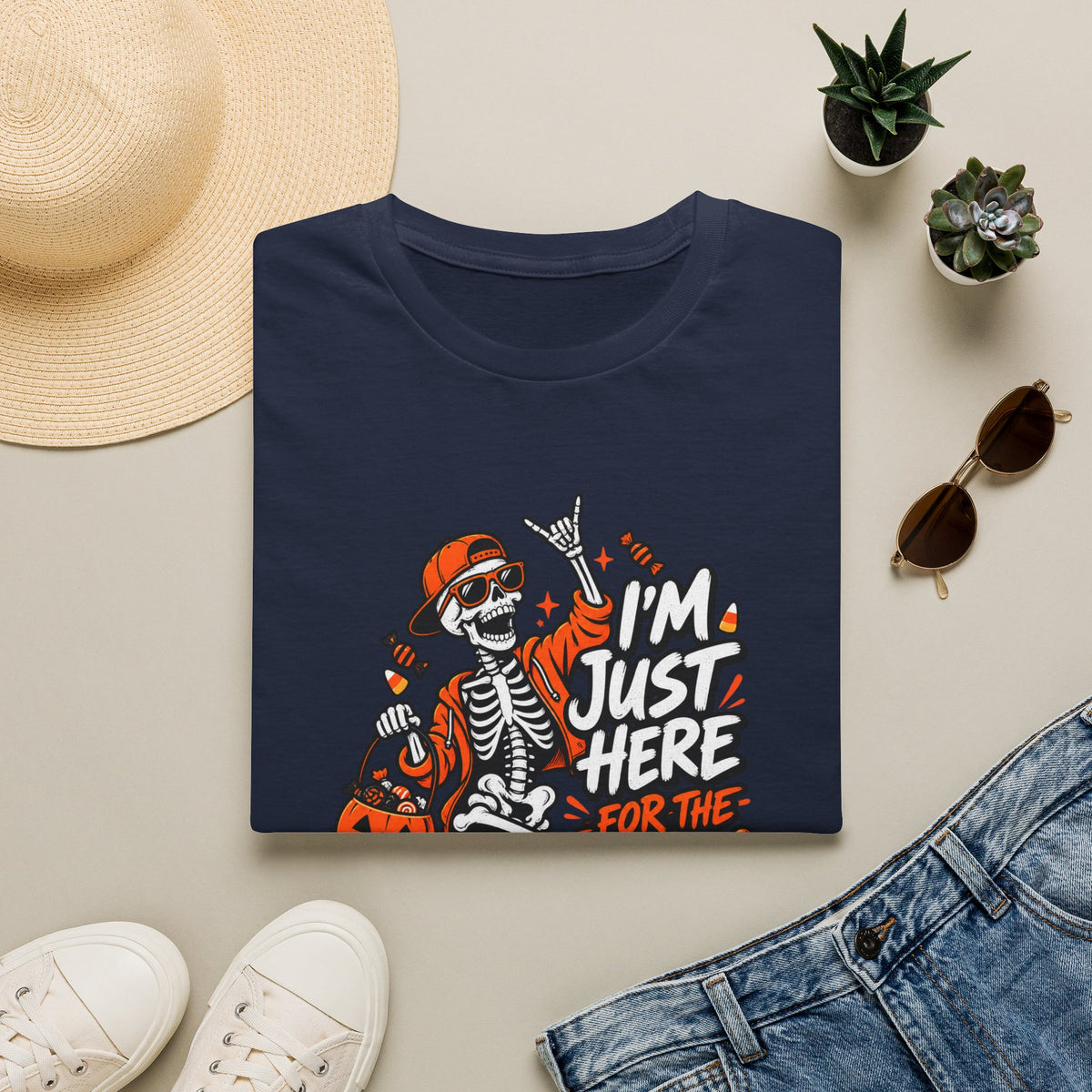 I'm Just Here for the Candy Shirt | Funny Dancing Skeleton Halloween Tee | Dark Humor Graphic T-Shirt