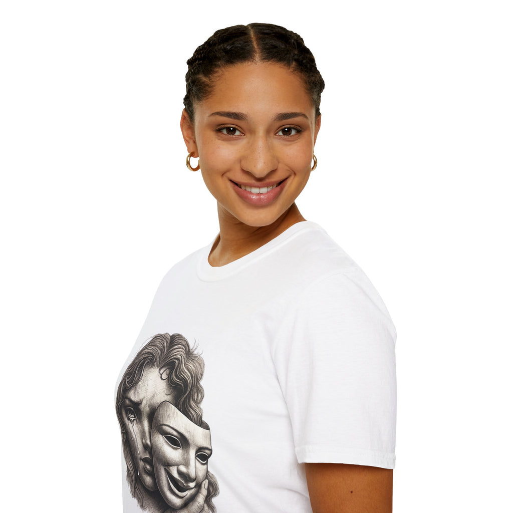 Crying Woman Mask Art T-Shirt | Hidden Emotions Sketch Graphic Tee Unisex Unisex Softstyle T-Shirt