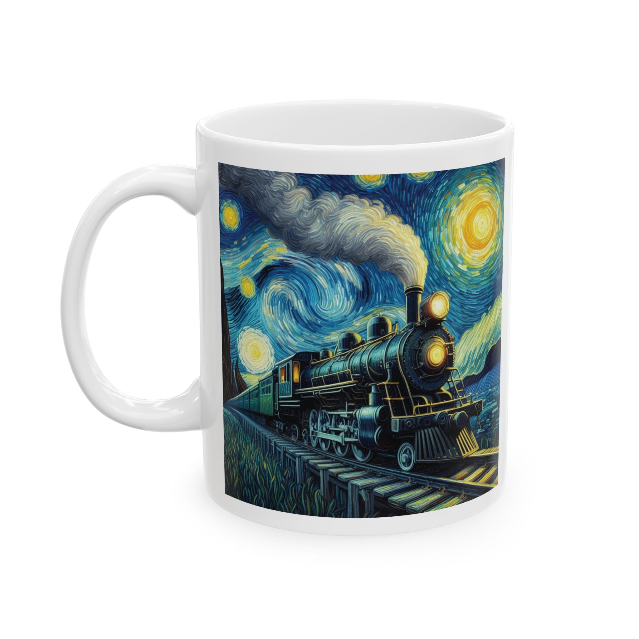 Stunning Steam Train Mug Van Gogh Starry Night Tea Coffee Cup Unique Gift Art AI
