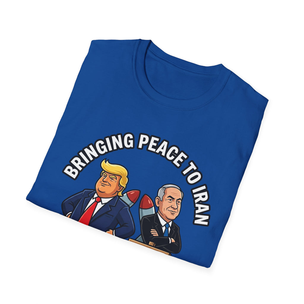 Trump T-Shirt Benjamin Netanyahu Iran War Satiric Mens Unisex Softstyle T-Shirt