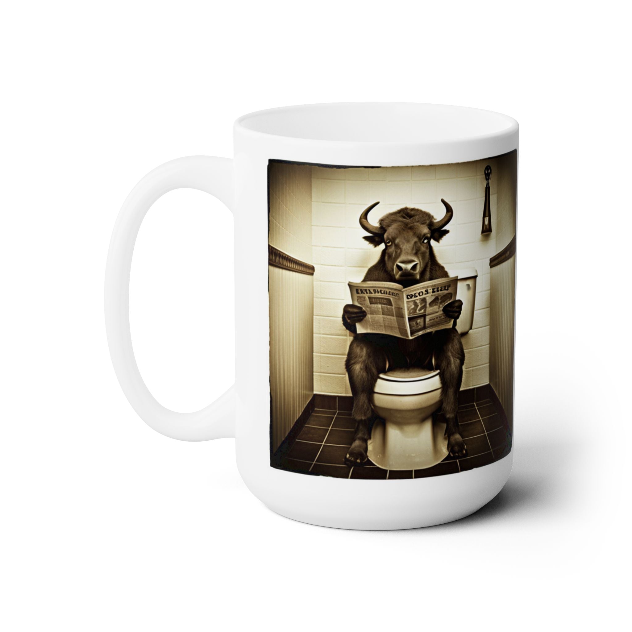Funny Buffalo Sitting on Toilet Reading Newspaper Gift Animal Coffee Mug 15oz