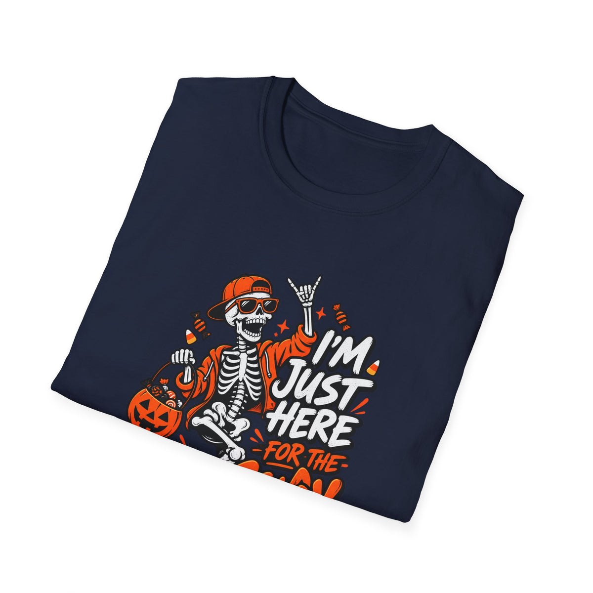 I'm Just Here for the Candy Shirt | Funny Dancing Skeleton Halloween Tee | Dark Humor Graphic T-Shirt