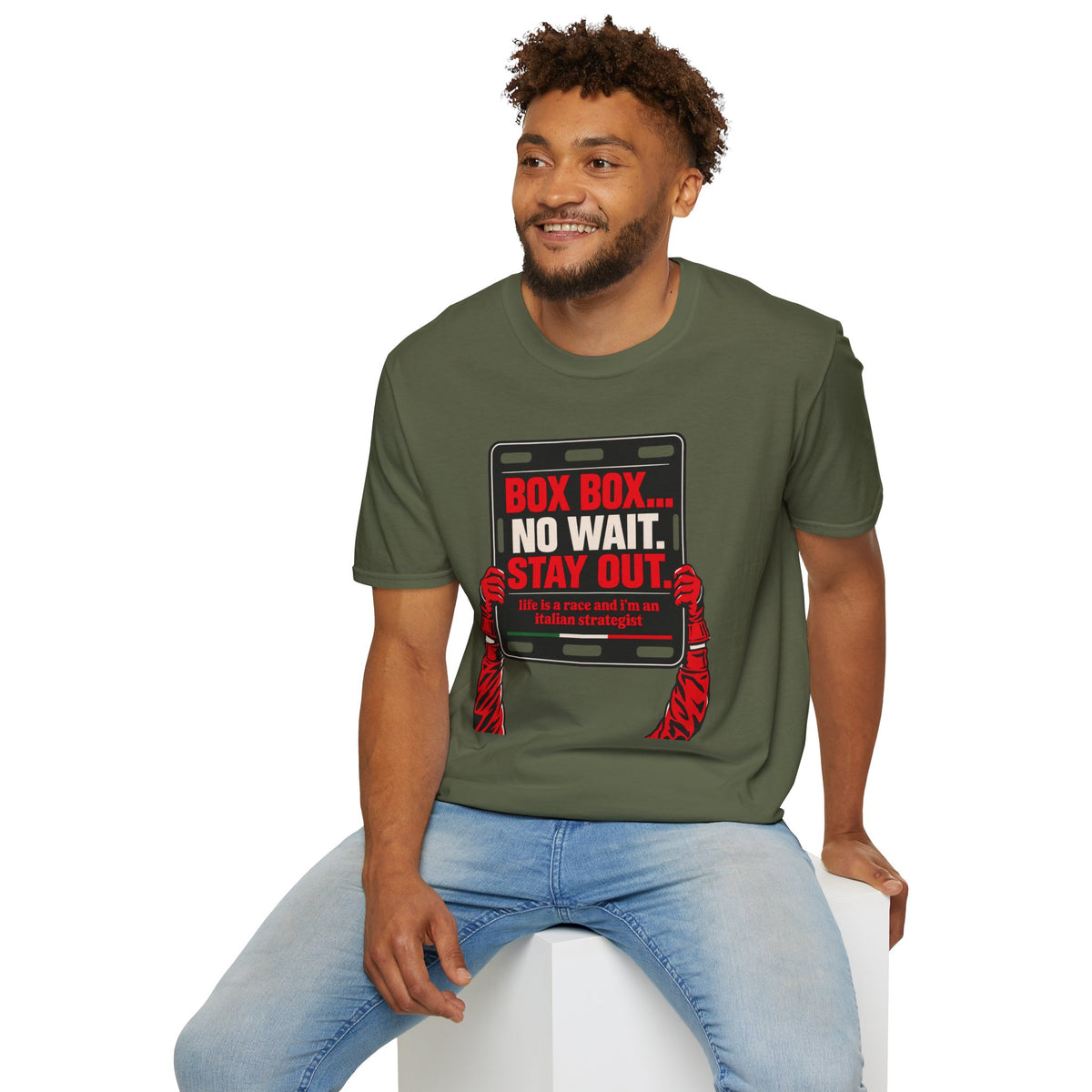 Funny Racing T-Shirt Box Box No Wait Stay Out Italian Strategist Motorsport Fan Shirt Unisex Softstyle Tee Race Day Gift
