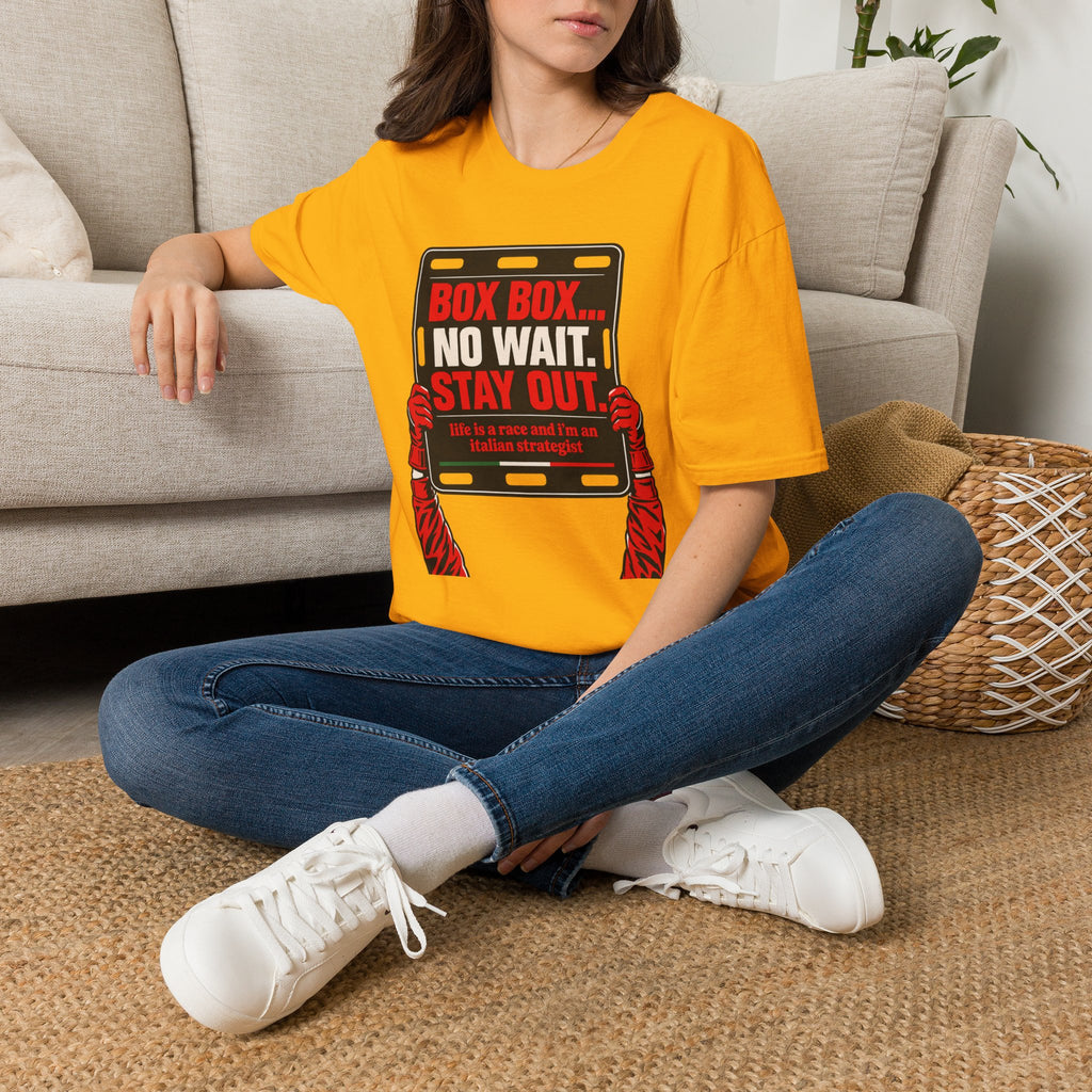 Funny Racing T-Shirt Box Box No Wait Stay Out Italian Strategist Motorsport Fan Shirt Unisex Softstyle Tee Race Day Gift