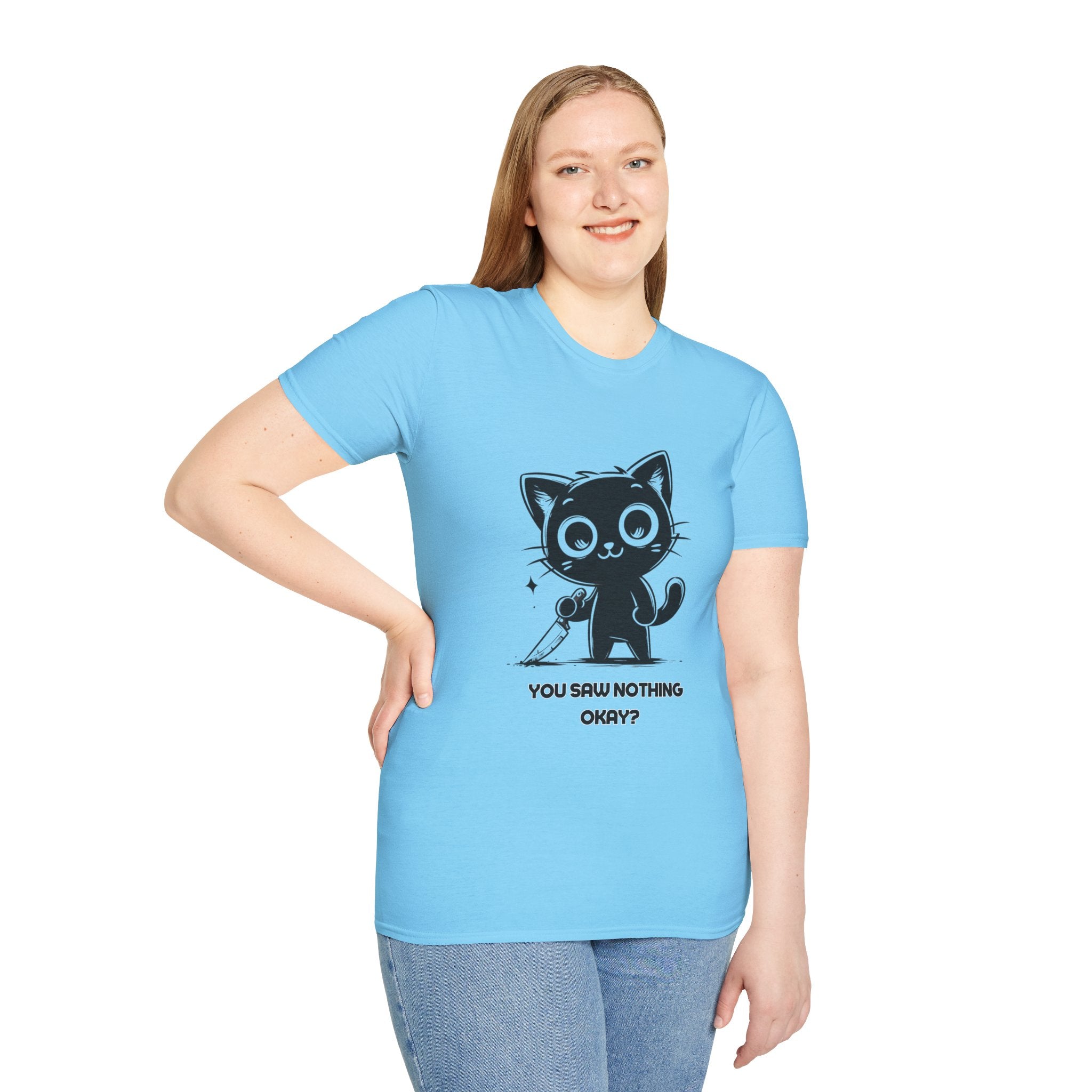 Women's and Men's Funny Cat T-shirt you saw nothing cat with bloody knife Halloween tee Soft Unisex Tshirt Gift for Her