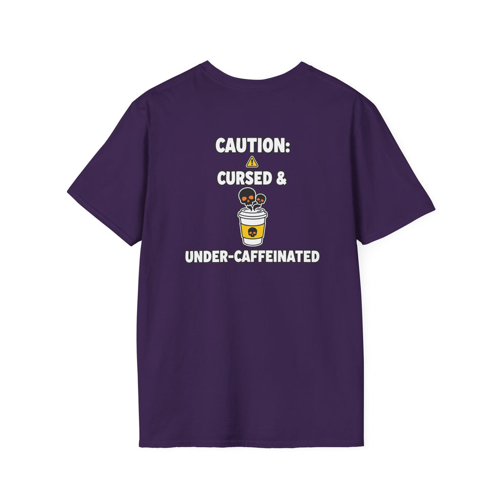 Dark Humor Halloween Shirt Caution Cursed And Under Caffeinated Funny Coffee Sarcastic Unisex Softstyle Tee Adult Halloween Gift