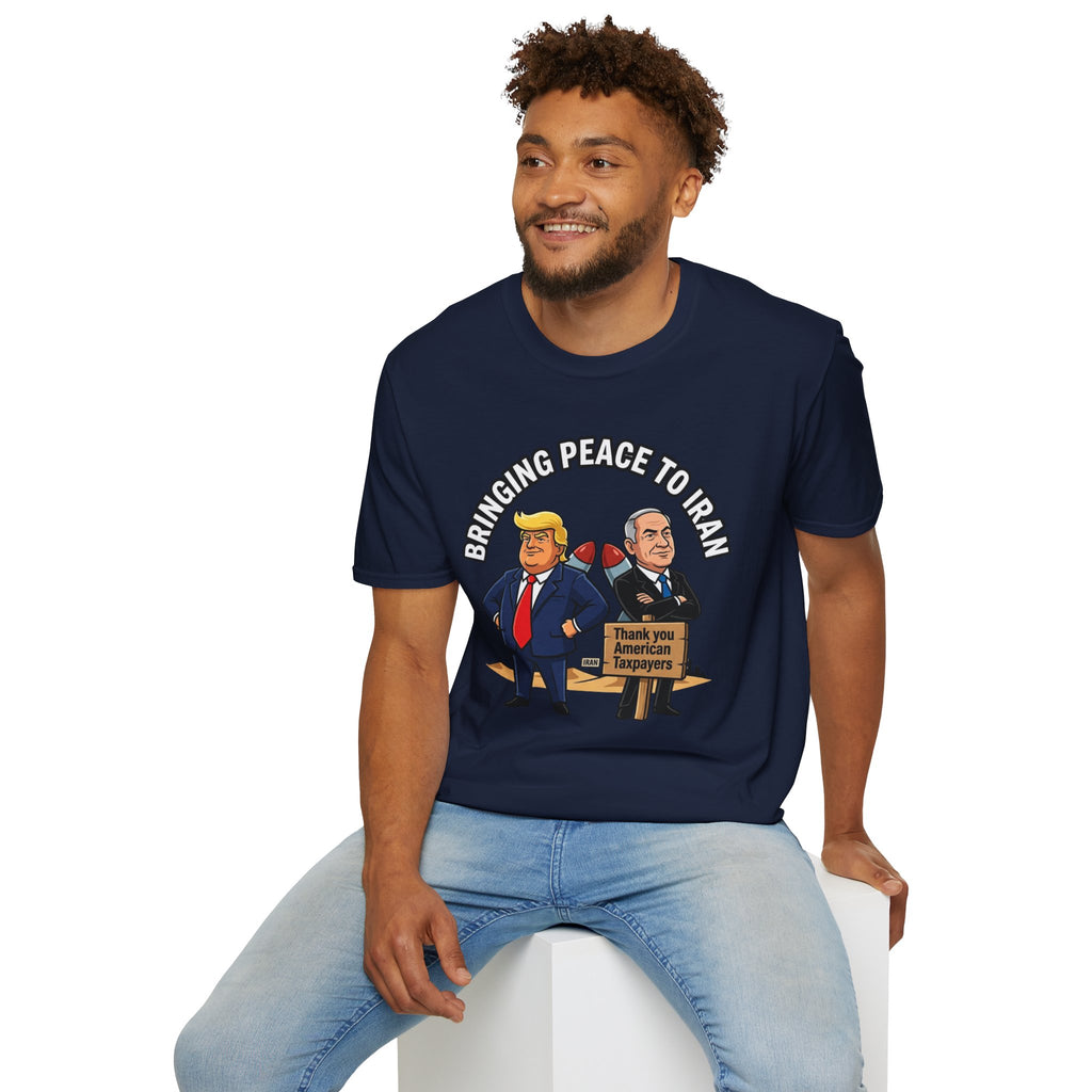 Trump T-Shirt Benjamin Netanyahu Iran War Satiric Mens Unisex Softstyle T-Shirt