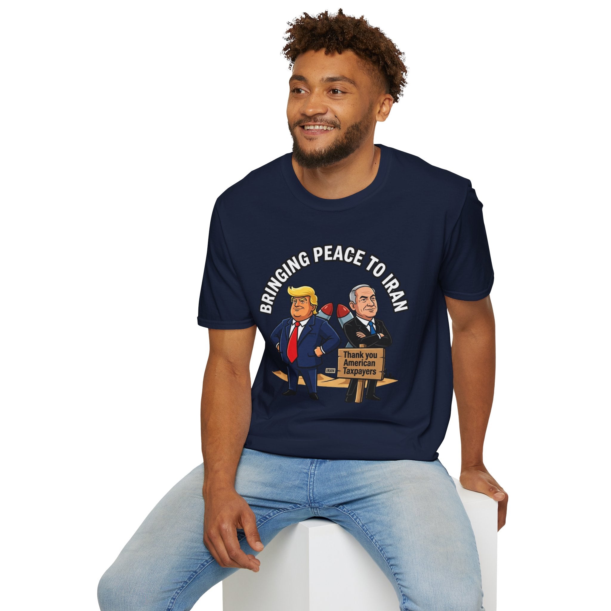 Trump T-Shirt Benjamin Netanyahu Iran War Satiric Mens Unisex Softstyle T-Shirt