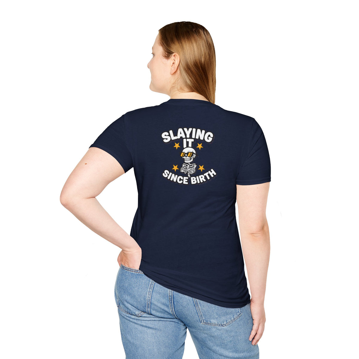 Dark Humor Halloween Shirt Slaying It Since Birth Funny Skeleton Sarcastic Unisex Softstyle Tee Adult Halloween Gift