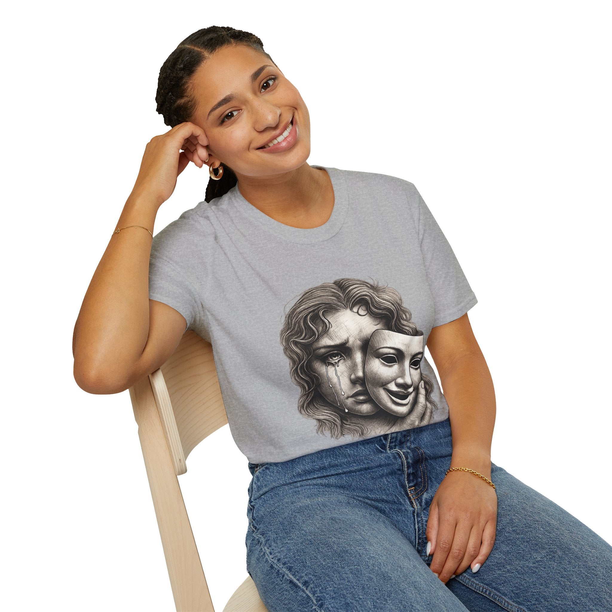 Crying Woman Mask Art T-Shirt | Hidden Emotions Sketch Graphic Tee Unisex Unisex Softstyle T-Shirt