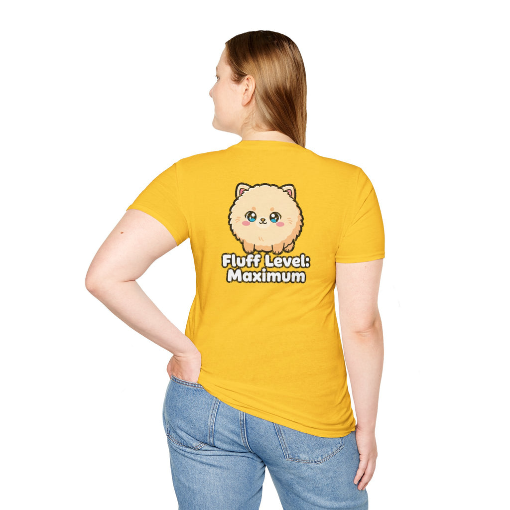 Cute Dog Pomeranian Shirt Fluff Level: Maximum Funny Dog Lover Unisex Softstyle Tee Gift