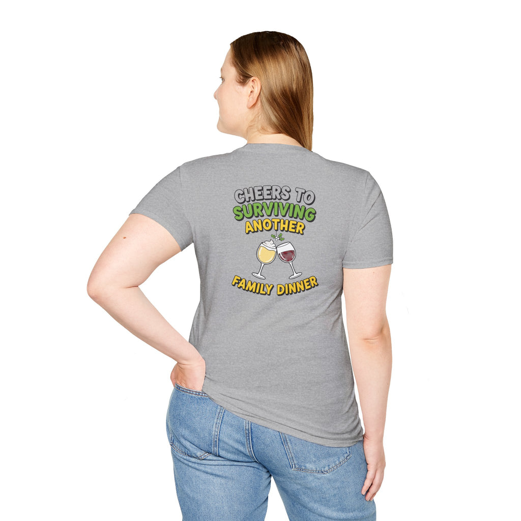 Dark Humor Christmas Shirt Cheers To Surviving Another Family Dinner Funny Sarcastic Unisex Softstyle Tee Adult Christmas Gift